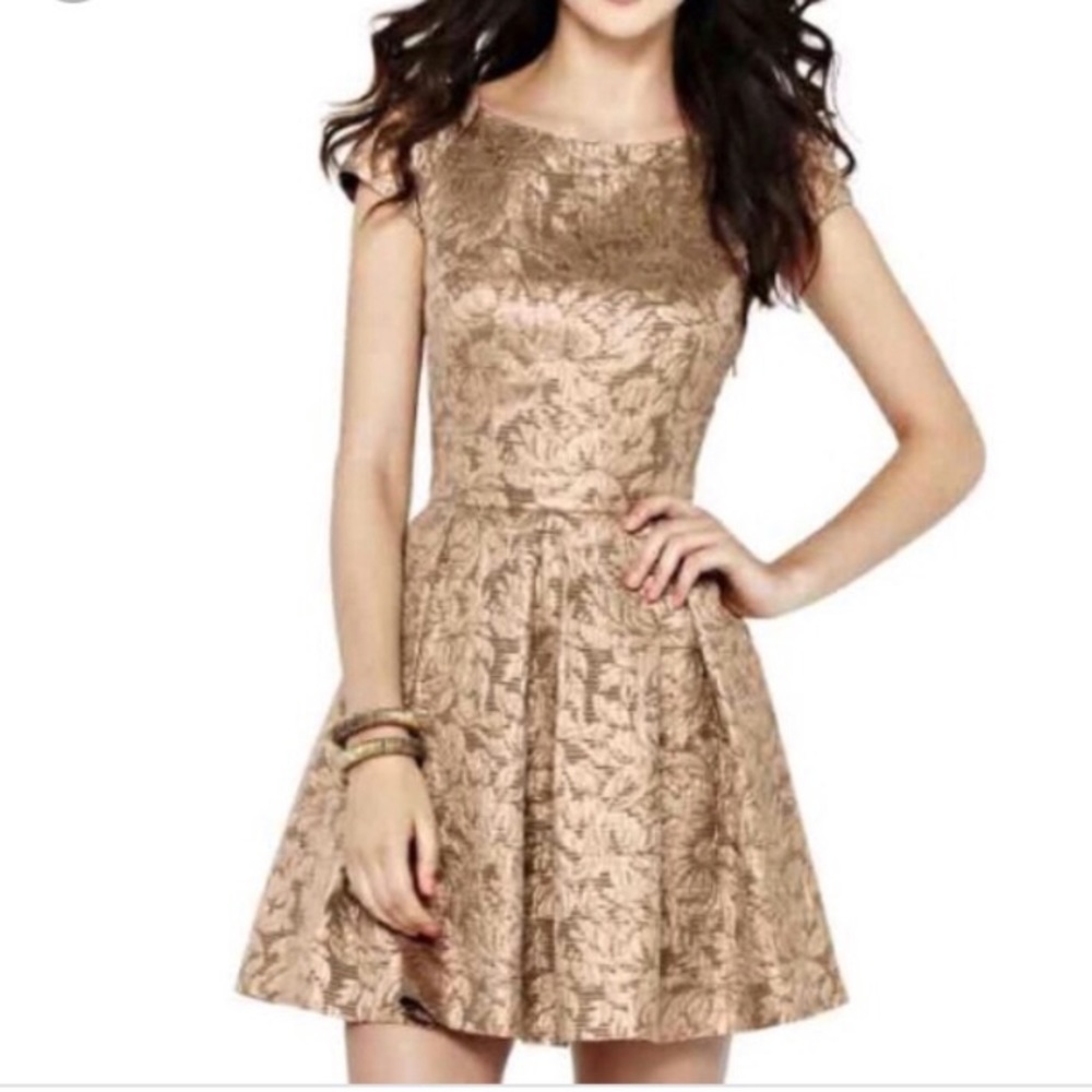 FRENCH CONNECTION Gold jacquard fit & flare dress